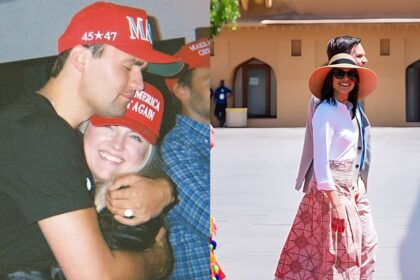Erika Kirk and Charlie Kirk wearing MAGA hats Usha Vance JD Vance
