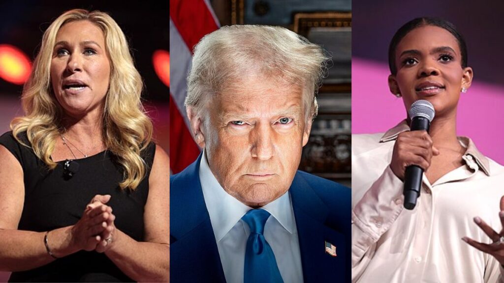 Marjorie Taylor Green, Alex Jones and Candace Owens respond to Donald Trump's rant about them. Image Credit: Wikimedia Commons | (L and R) Gage Skidmore ; (C) Daniel Torok)