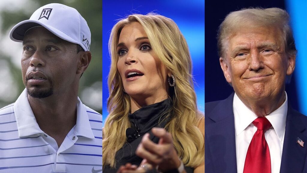 Megyn Kelly criticizes Tiger Woods over viral Trump call following DUI arrest. (Image credits: left – Keith Allison/Flickr; middle – Gage Skidmore/Flickr; right – Gage Skidmore/Flickr).
