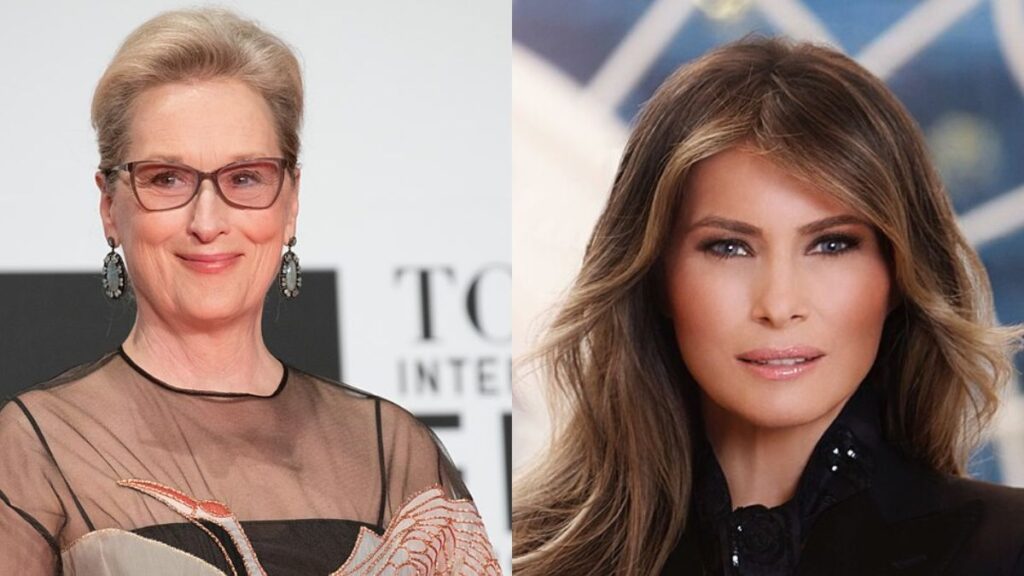 Meryl Streep revisited Melania Trump’s 2018 green jacket moment in a new interview with Vogue. (left- Wikimedia Commons/Dick Thomas Johnson) and (right- Wikimedia Commons/ Régine Mahaux).