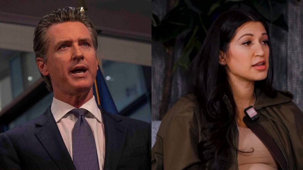 Gavin Newsom (L) hit back at Katie Miller (R) after she blamed him for the WHCD shooting. (Image Credits: Office of the Governor of California/ Wikimedia Commons; @katiemillerpod/ Instagram))