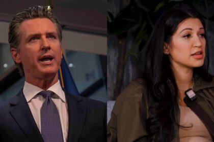 Gavin Newsom (L) hit back at Katie Miller (R) after she blamed him for the WHCD shooting. (Image Credits: Office of the Governor of California/ Wikimedia Commons; @katiemillerpod/ Instagram))