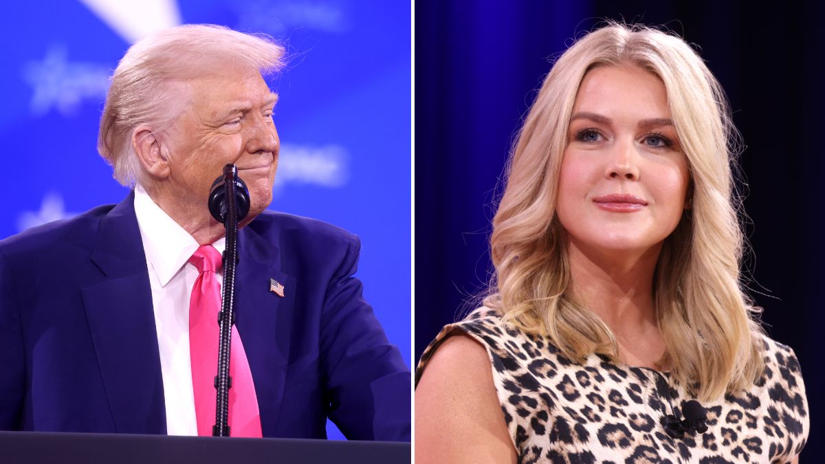 President Donald Trump gestured toward Karoline Leavitt during an Oval Office exchange on media coverage