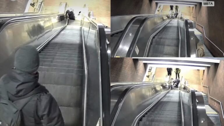 A Boston father got trapped in an MBTA escalator while people walked past him.