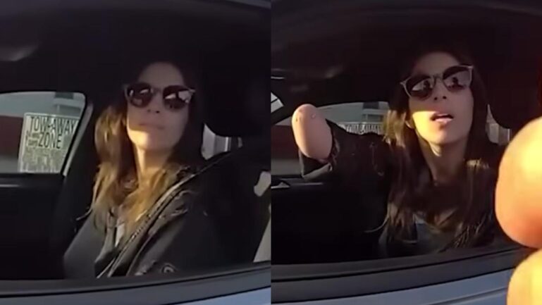 Kathleen Thomas speaks during a Florida traffic stop after being cited for texting while driving. (Image Credits-@CollinRugg/X)