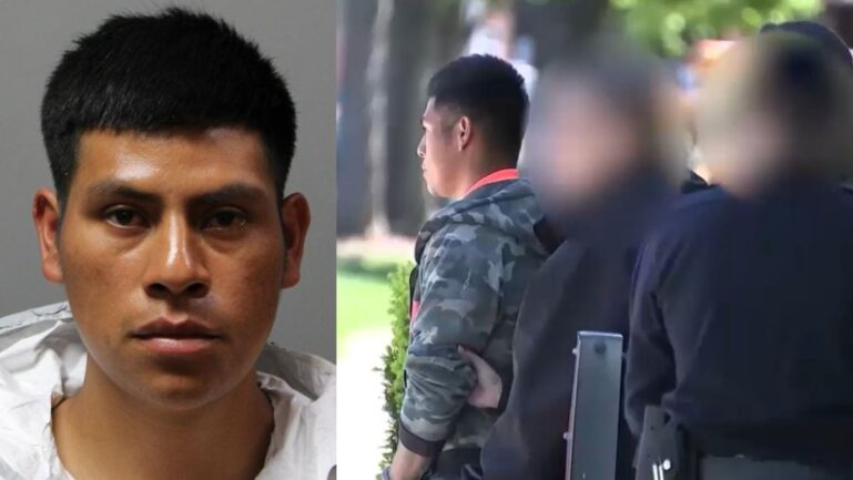 Split-screen of a booking headshot and a man held by officers outdoors