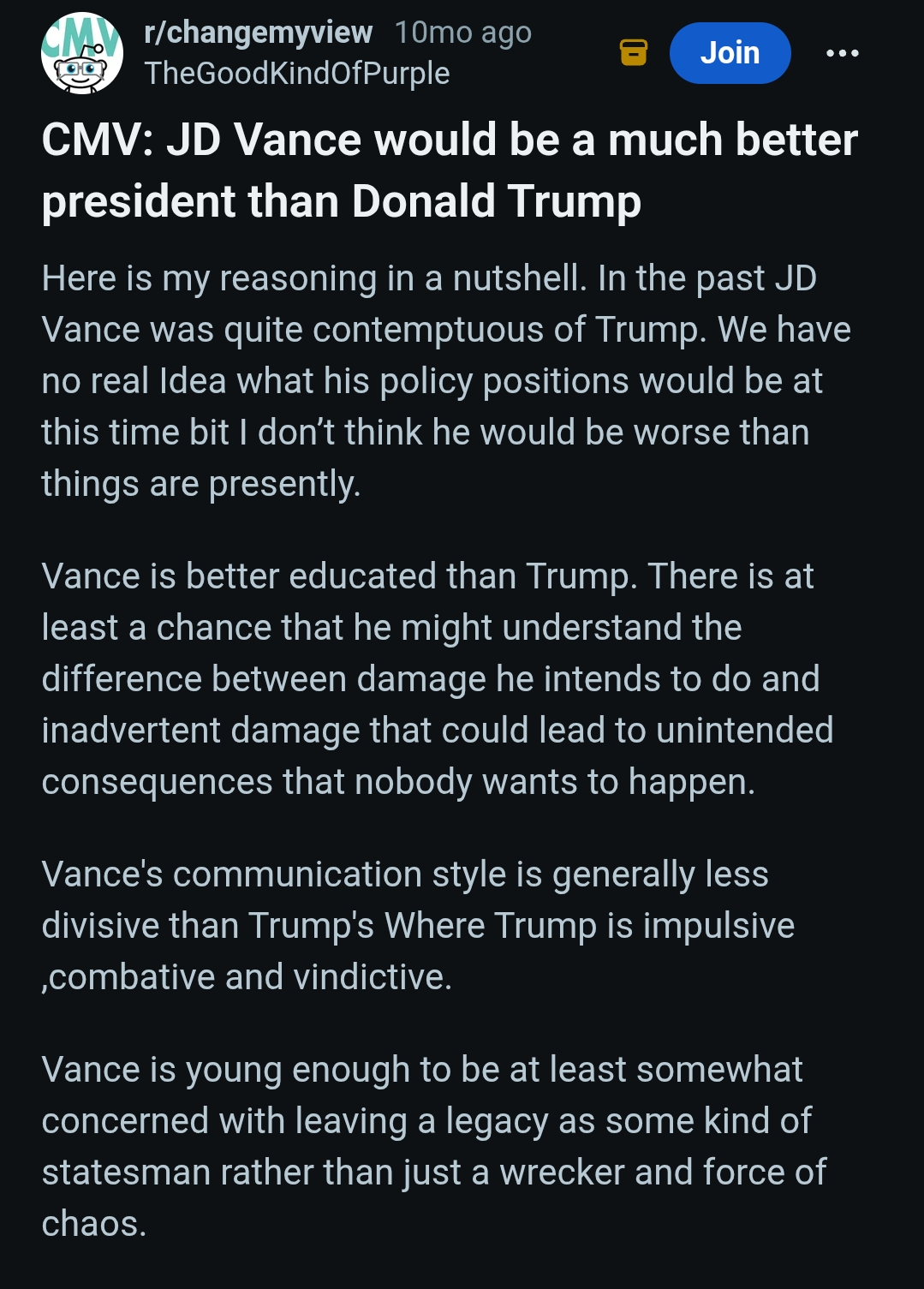 Reddit user argues JD Vance would make a better president than Donald Trump. (Image Credits: Reddit/ r/changemyview) Reddit user argues JD Vance would make a better president than Donald Trump. (Image Credits: Reddit/ r/changemyview)