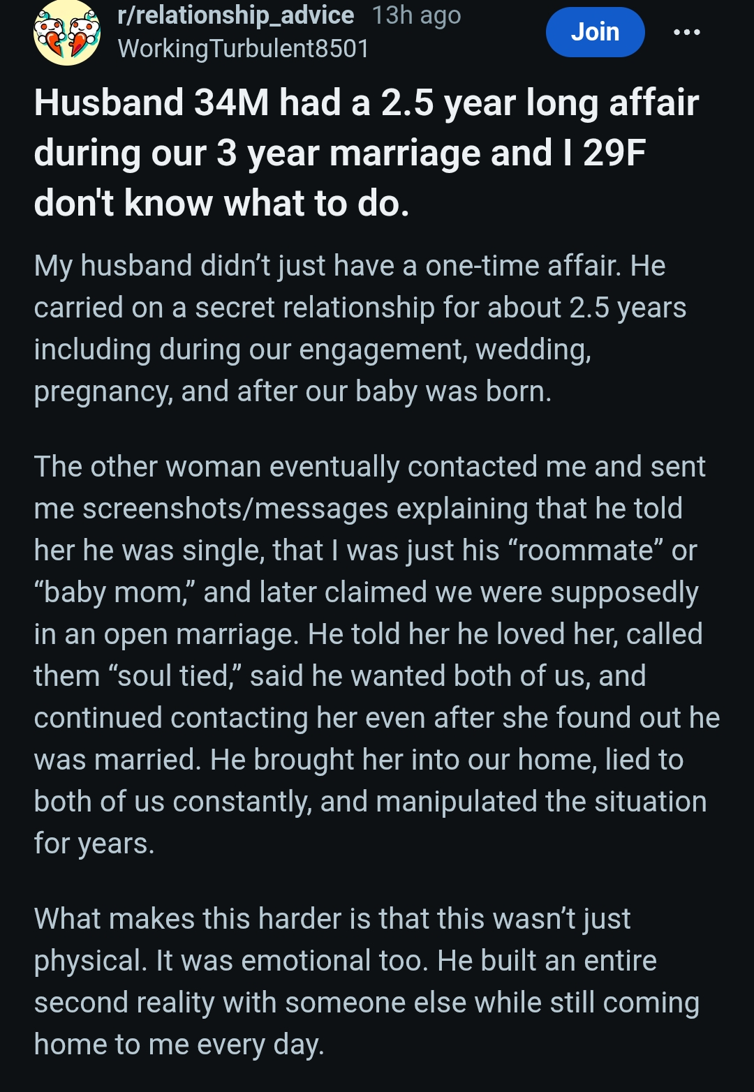 A woman on Reddit opened up about her husband