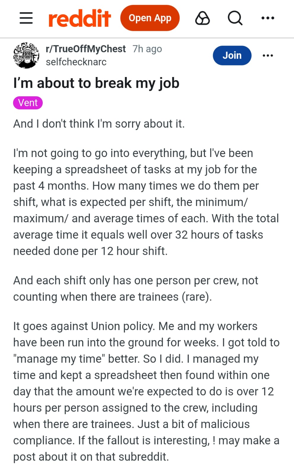 A burned-out worker claims they do 32-hour work in 12-hour shifts. (Image Credit: Reddit/r/TrueOffMyChest)