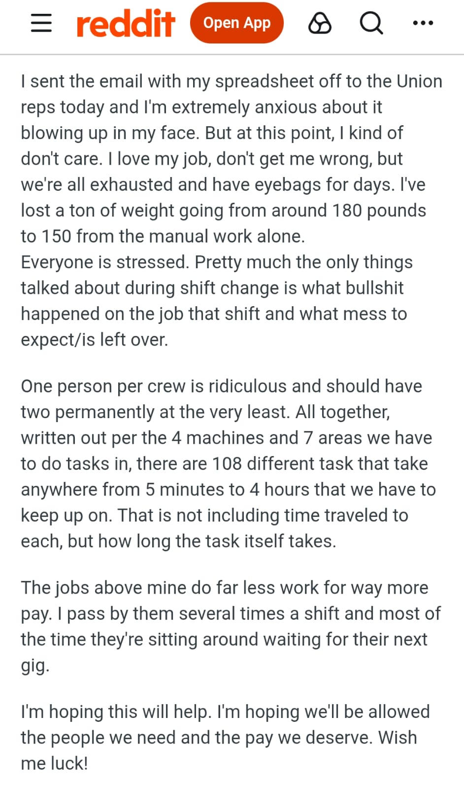 The worker claims they have lost over 30 pounds due to overwork and exhaustion. (Image Credit: Reddit/r/TrueOffMyChest)