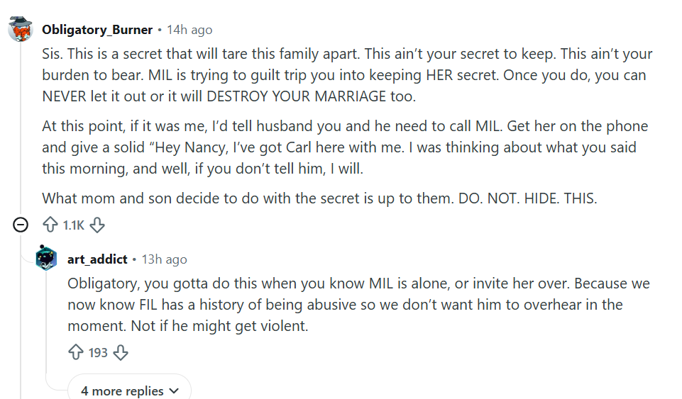 Reddit users comment on family secret story. (Image Credit: Sanpshot, Reddit) Reddit users comment on family secret story. (Image Credit: Sanpshot, Reddit)