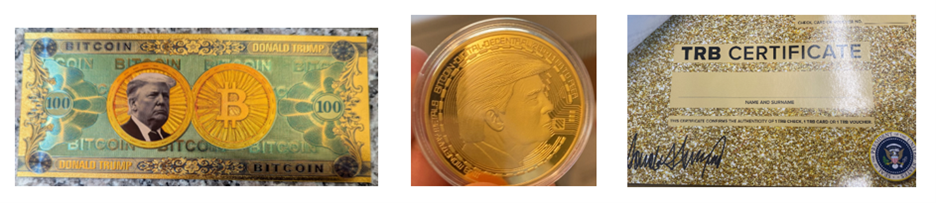 “Trump Bucks” products fraudulently marketed and sold to victims across the U.S. (Image Credit: U.S. Attorney “Trump Bucks” products fraudulently marketed and sold to victims across the U.S. (Image Credit: U.S. Attorney