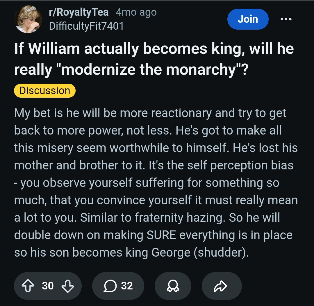 Reddit user opines on whether Prince William will actually "modernize" the British monarchy. (Image Credit: Reddit/ r/RoyaltyTea) Reddit user opines on whether Prince William will actually "modernize" the British monarchy. (Image Credit: Reddit/ r/RoyaltyTea)