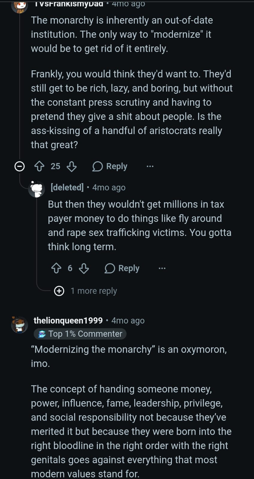 Reddit user suggests that "modernizing the monarchy" is an oxymoron phrase. (Image Credit: Reddit/r/RoyaltyTea) Reddit user suggests that "modernizing the monarchy" is an oxymoron phrase. (Image Credit: Reddit/r/RoyaltyTea)