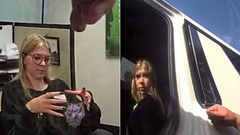 Split-screen bodycam view of a Florida teen being questioned and seated in a vehi