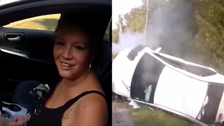 Body-cam stills show Jessica Perkins in a car and the crash scene after the Leelanau County pursuit. (Image Credits-Sergeant Steve /YouTube)