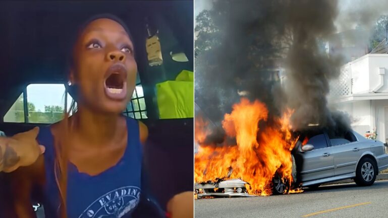 Police bodycam captures woman setting patrol car on fire after threatening officers during arrest